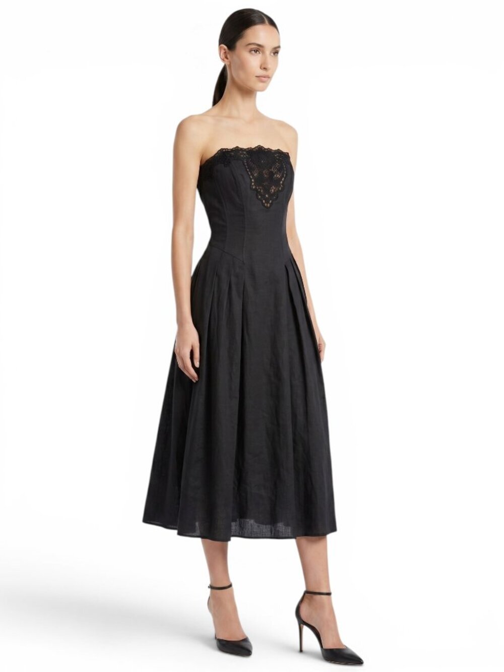 Nancy Johnson Vintage Black Ramie Cotton Lace Strapless Full Skirt Dress Vtg 6